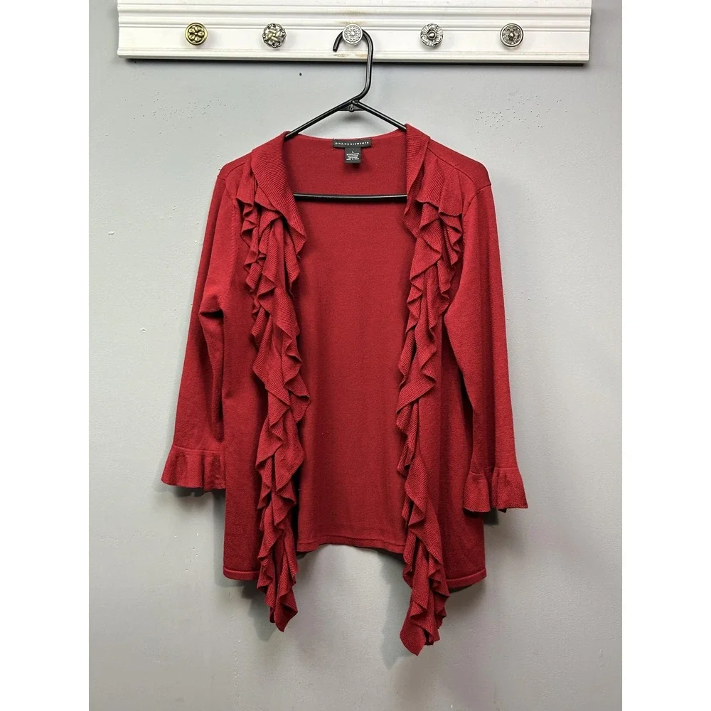 Grace Elements Cardigan Womens Large Red Open Front Ruffle Trim 3/4 Sleeve Knit